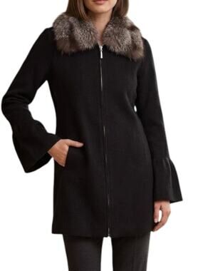 Dolce Cabo Silver Fox Fur Collar Sweater Coat Bell Sleeve Zip Black Women S/M